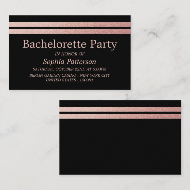 Carte De Visite Billet rose Gold Foil Stripes Bachelorette Party (Devant / Derrière)