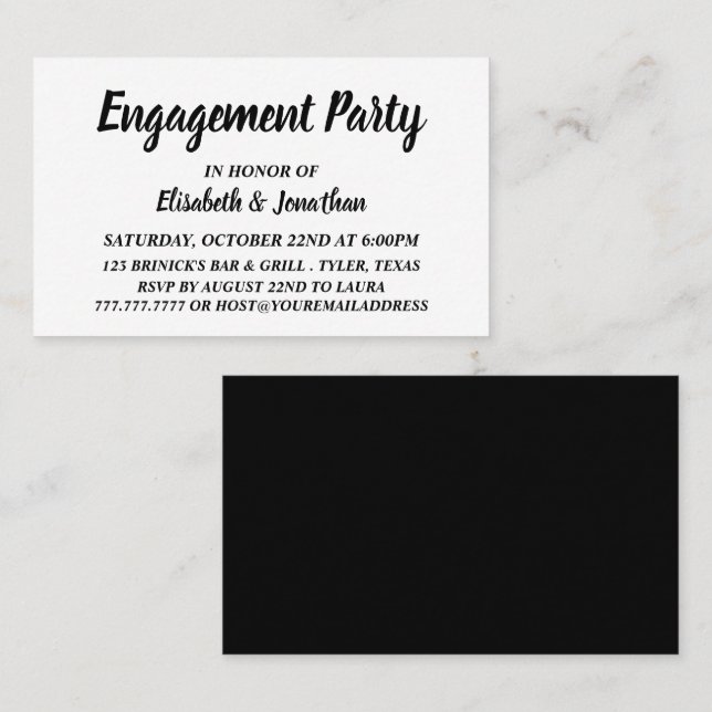 Carte De Visite Billet simple/moderne Black/White Engagement Party (Devant / Derrière)