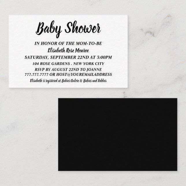 Carte De Visite Billets de Baby shower simple et moderne, noir et  (Devant / Derrière)