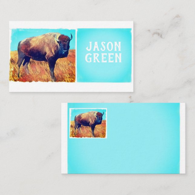 Carte De Visite bison art sur turquoise et blanc audacieux double  (Devant / Derrière)
