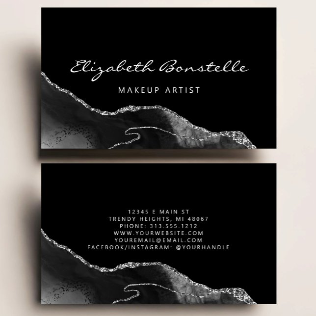 Carte De Visite Black Agate Parties scintillant Argent Luxe (Créateur téléchargé)