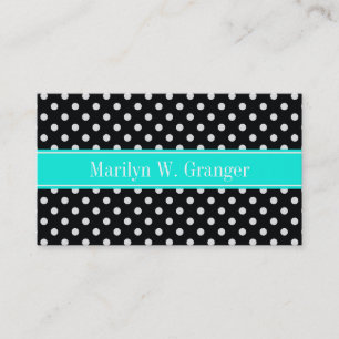 Carte De Visite Black and White Polka Dots Aqua Nom monogram