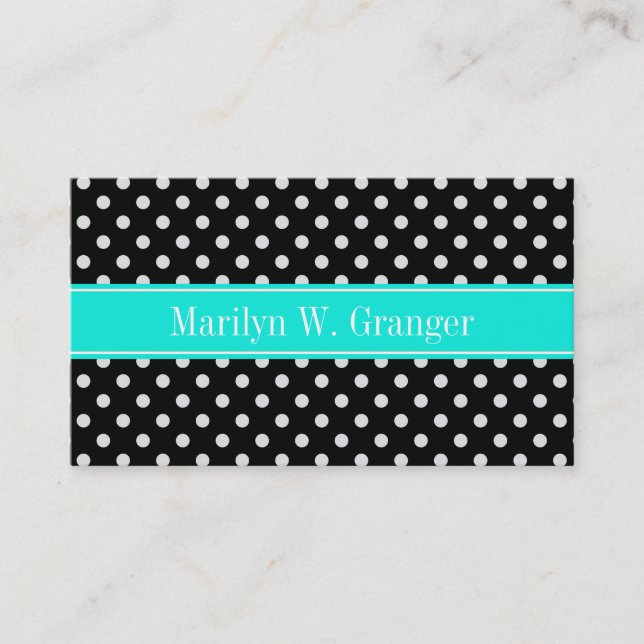 Carte De Visite Black and White Polka Dots Aqua Nom monogram (Devant)