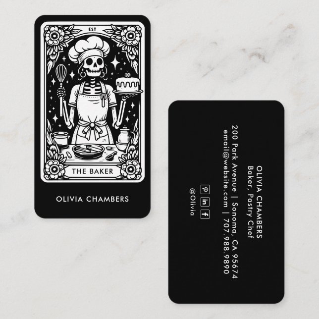 Carte De Visite Black Baker Tarot Skeleton Chef pâtissier (Devant / Derrière)