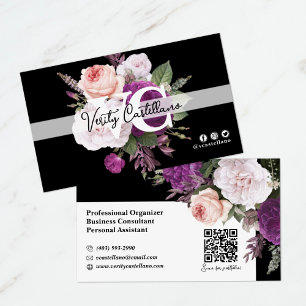 Carte De Visite Black & Blanc Vintage Roses Floral Simple Personne