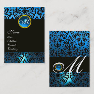 Carte De Visite BLACK BLUE DAMASK Sapphire Gem FLORAL MONOGRAM