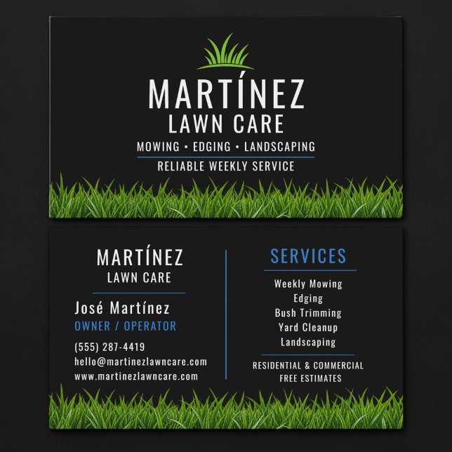 Carte De Visite Black & Blue Lawn Care Landscaping  (Créateur téléchargé)