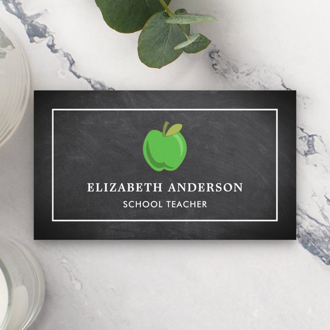 Carte De Visite Black Chalkboard Green Apple School Enseignant (Créateur téléchargé)