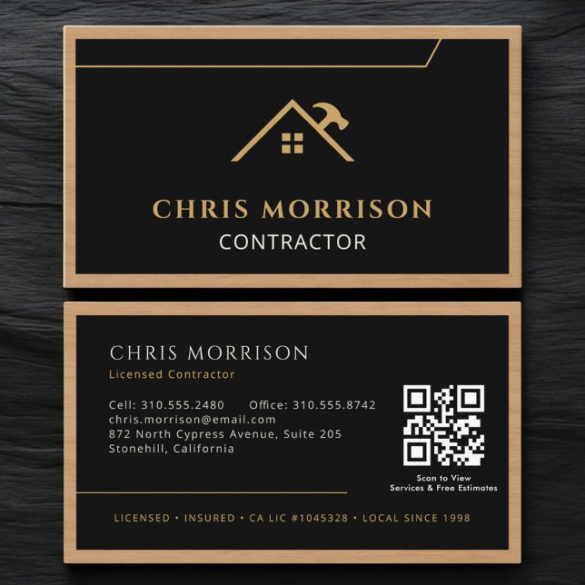 Carte De Visite Black Construction Professional Wood QR Code (Créateur téléchargé)