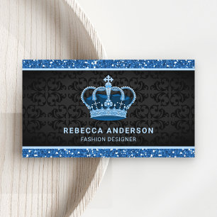 Carte De Visite Black Damask Faux Blue Parties scintillant Couronn
