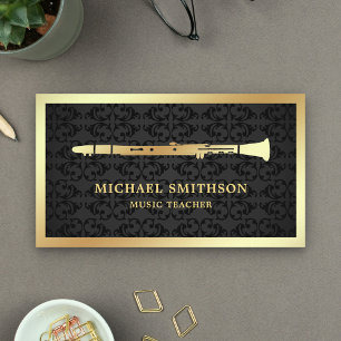 Carte De Visite Black Damask Gold Foil Clarinet Music Teacher
