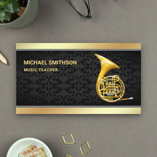Carte De Visite Black Damask Gold Foil Professeur de musique de la