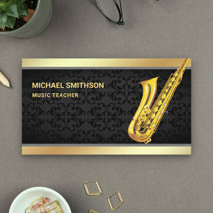 Carte De Visite Black Damask Gold Foil Saxophone Music Teacher