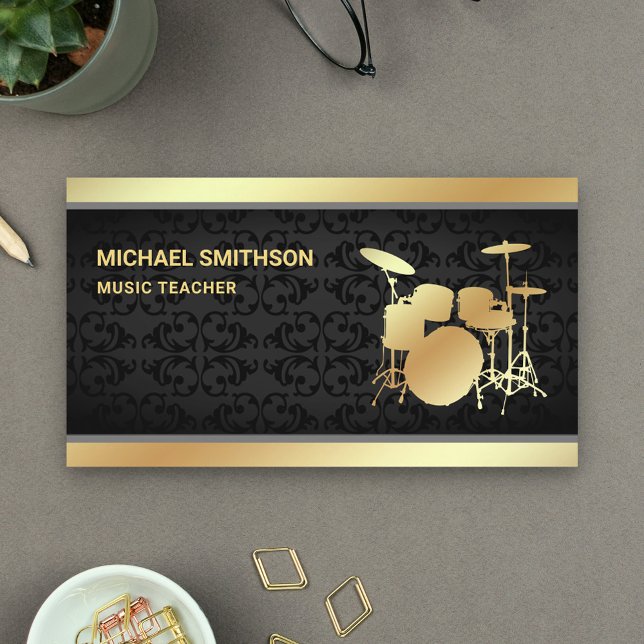 Carte De Visite Black Damask Music Enseignant Gold Drummer Kit (Créateur téléchargé)