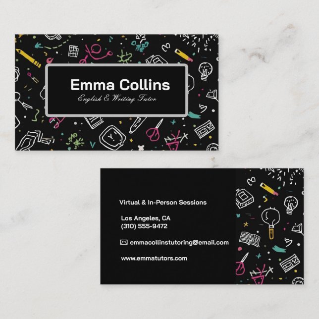 Carte De Visite Black Doodle English Writing Tutor Modern  (Devant / Derrière)