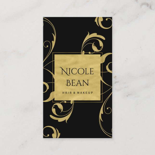 Carte De Visite Black & Faux Gold Floral Swirl Élégant (Devant)