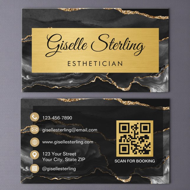 Carte De Visite Black Gold Agate Esthetician Glitter QR Code (Créateur téléchargé)