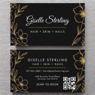 Carte De Visite Black Gold Botanical Floral QR Code Beauté Salon
