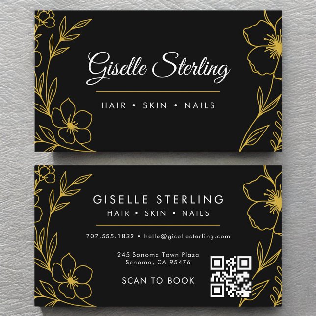 Carte De Visite Black Gold Botanical Floral QR Code Beauté Salon (Créateur téléchargé)