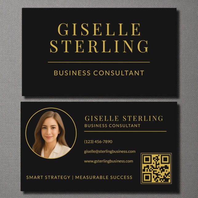 Carte De Visite Black Gold Business Consultant Photo QR Code (Créateur téléchargé)