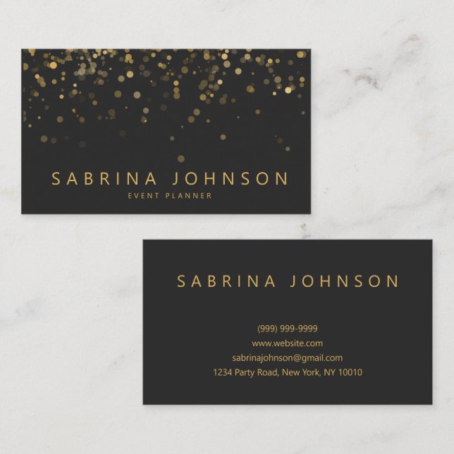 Carte De Visite Black Gold Elegant Party Planner Business Card (Devant / Derrière)