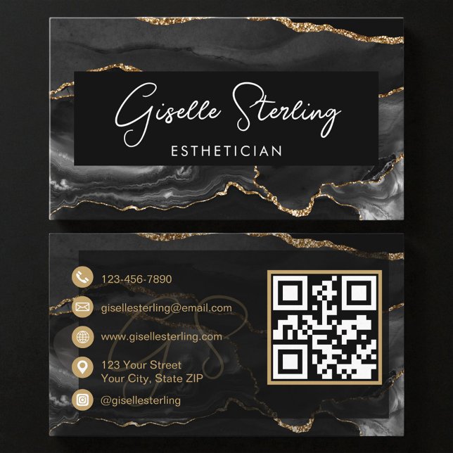Carte De Visite Black Gold Esthetician QR Code  (Créateur téléchargé)