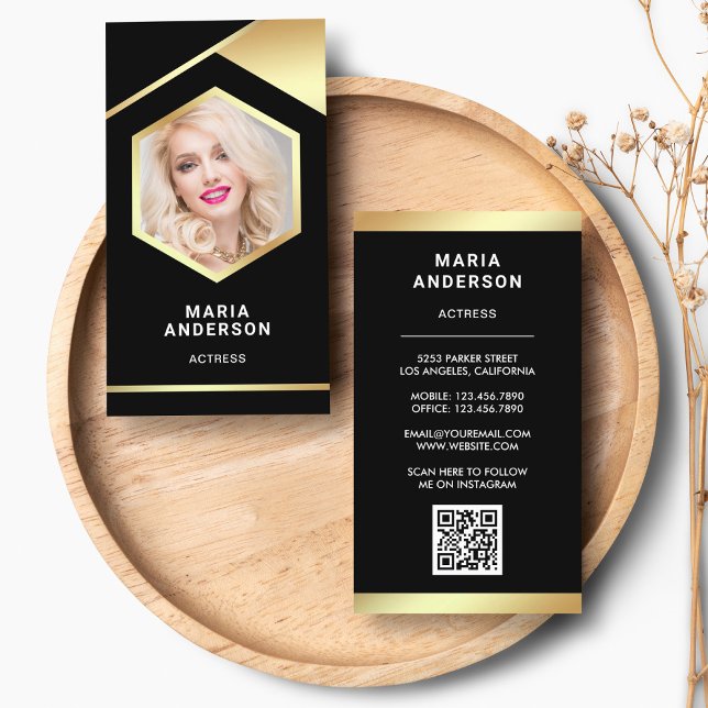 Carte De Visite Black Gold Foil Modèle Actrice QR Code Photo (Créateur téléchargé)