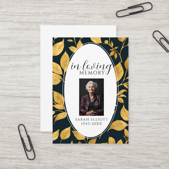 Carte De Visite Black & Gold Funeral Memorial Prayer Photo Card (Devant/Arrière en situation)