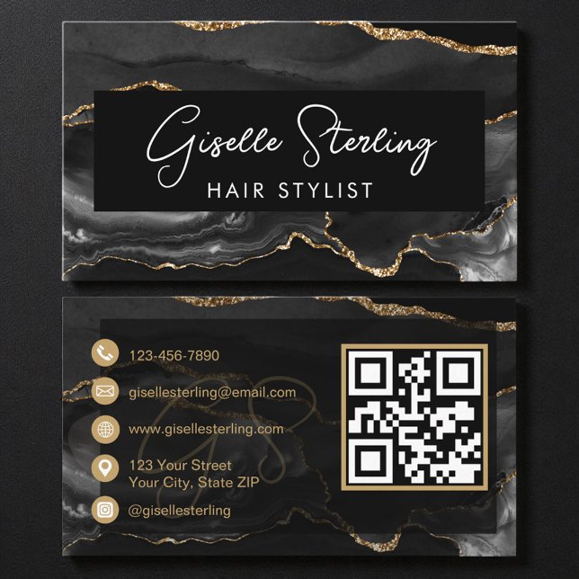Carte De Visite Black Gold Hair Stylist QR Code  (Créateur téléchargé)
