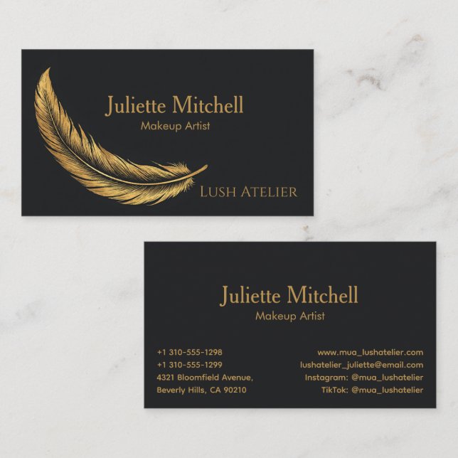 Carte De Visite Black & Gold Luxury Feather Makeup Artist (Devant / Derrière)