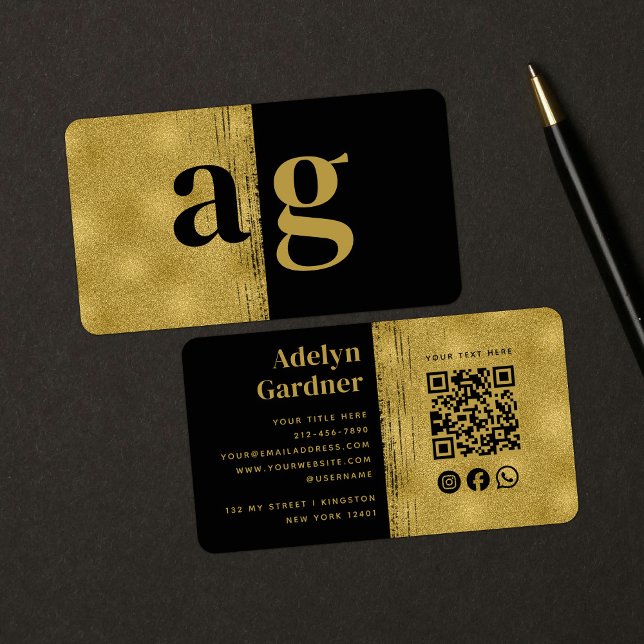 Carte De Visite Black Gold Luxury QR Code Monogramme Médias sociau (Créateur téléchargé)