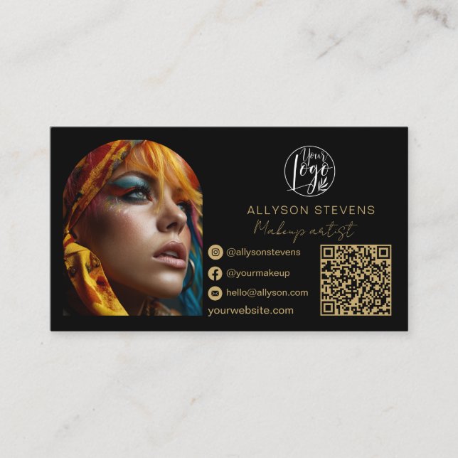 Carte De Visite black gold makeup 3 photo Social Media Logo qr (Devant)