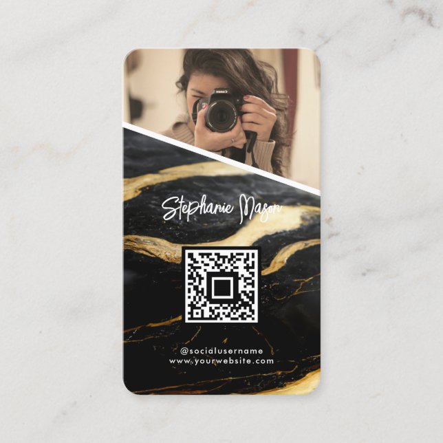 Carte De Visite Black Gold Marble Photo QR Code Photographie moder (Devant)