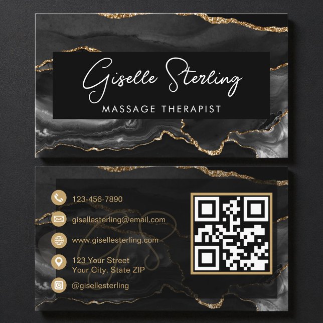 Carte De Visite Black Gold Massage Therapist QR Code  (Créateur téléchargé)