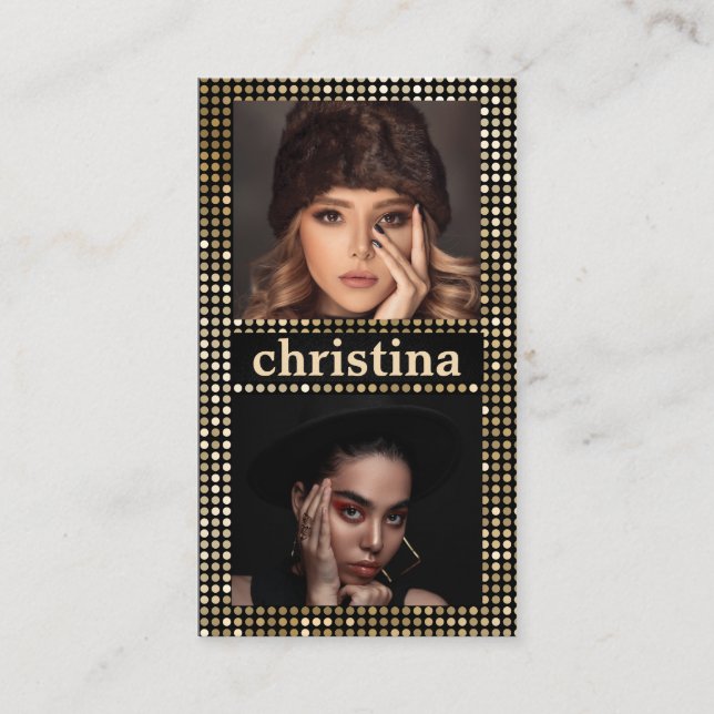 Carte De Visite Black Gold Model Actrice QR Code 2 Photo Collage (Devant)