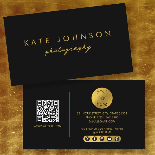 Carte De Visite Black Gold Modern Script QR Code Social Media B (Black Gold Modern Script QR Code Social Media B Business Card)