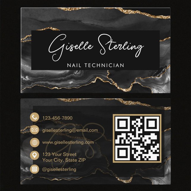 Carte De Visite Black Gold Nail Technician QR Code   (Créateur téléchargé)