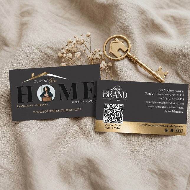Carte De Visite Black Gold Professional Home Real Estate Agent QR (Black Gold Professional Home Real Estate Agent QR Business Card)