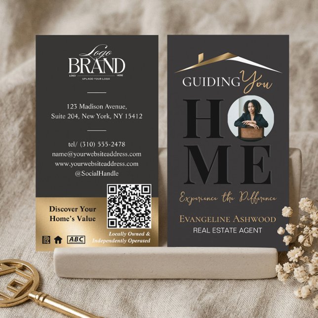 Carte De Visite Black Gold Professional Home Real Estate Agent QR (Black Gold Professional Home Real Estate Agent QR Business Card)