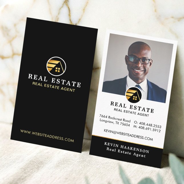 Carte De Visite Black Gold Professional Real Estate Broker Photo (Black Gold Professional Real Estate Broker Photo Business Card)