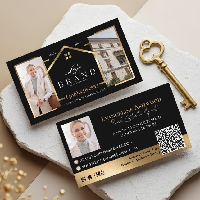 Carte De Visite Black Gold Real Estate Agent Photo Logo QR Code (Black Gold Real Estate Agent Photo Logo QR Code Business Card)