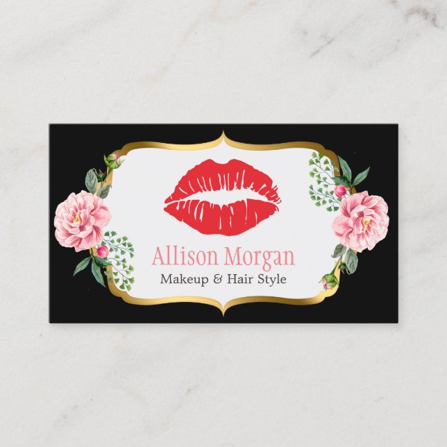 Carte De Visite Black Gold Red Lips Fleurs Maquillage Artiste Beau (Devant)
