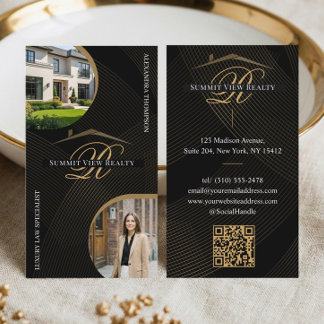 Carte De Visite Black Gold Script Monogram Real Estate Agent Photo