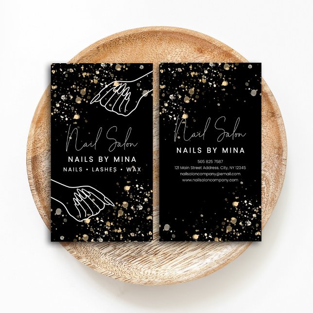 Carte De Visite Black Gold Specks Hand Nail Salon (Créateur téléchargé)