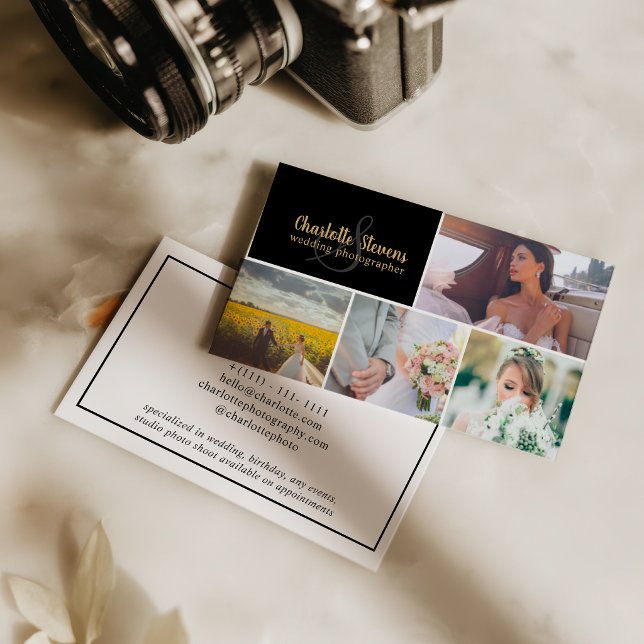 Carte De Visite Black gold wedding photographer collage (Black gold wedding photographer collage business card)