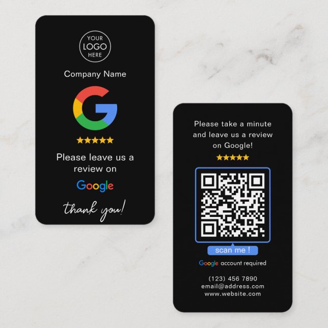 Carte De Visite Black Google Commentaires QR Code Business Review  (Devant / Derrière)