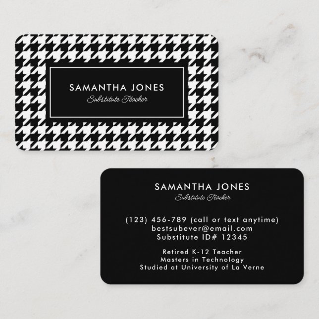 Carte De Visite Black Houndstooth Substitute Teacher Contact Info (Devant / Derrière)