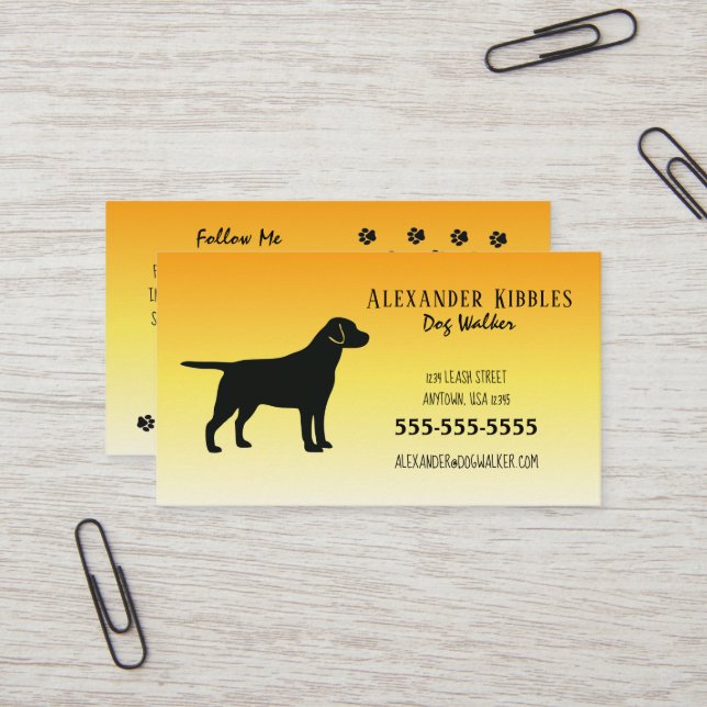 Carte De Visite Black Lab Dog Walker Jaune (Devant/Arrière en situation)