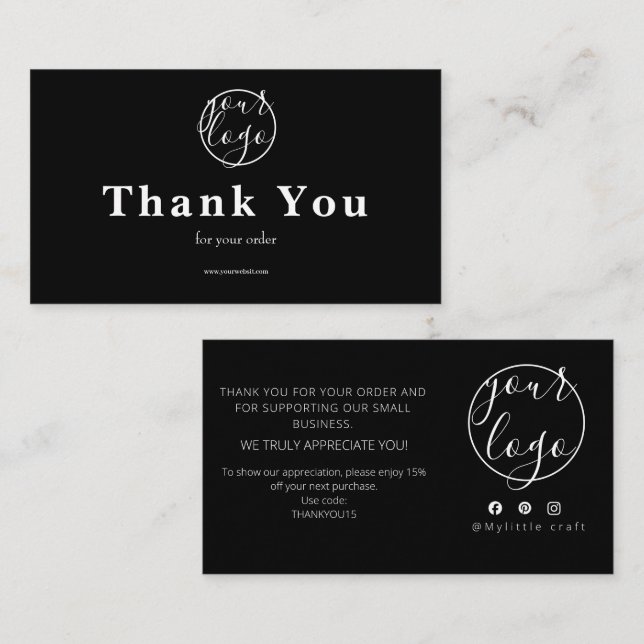 Carte De Visite Black Logo Thank You Card Small Business (Devant / Derrière)