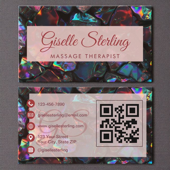 Carte De Visite Black Massage Therapist Opal Gemstone QR Code (Créateur téléchargé)